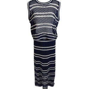 Solitaire Navy Blue/White Striped Crocheted 2-Piece Maxi Skirt & Top XL
